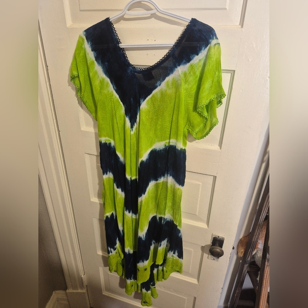 Boho Green Navy Tie Dye Coverup/Dress Free Size - Picture 6 of 6